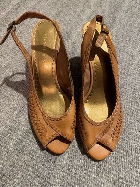 Gianni Bini Tan Braided Leather Peep-Toe Sling back wedge